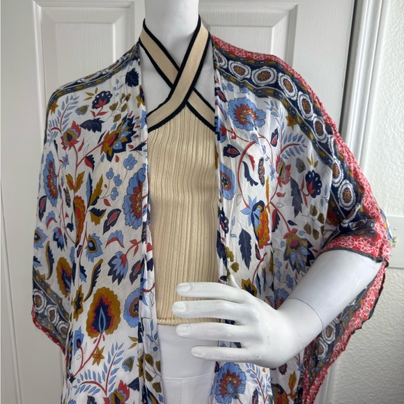 Ruggine Multi Color Bright Floral Lightweight Kimono with Pom Pom Trim. - Picture 6 of 10